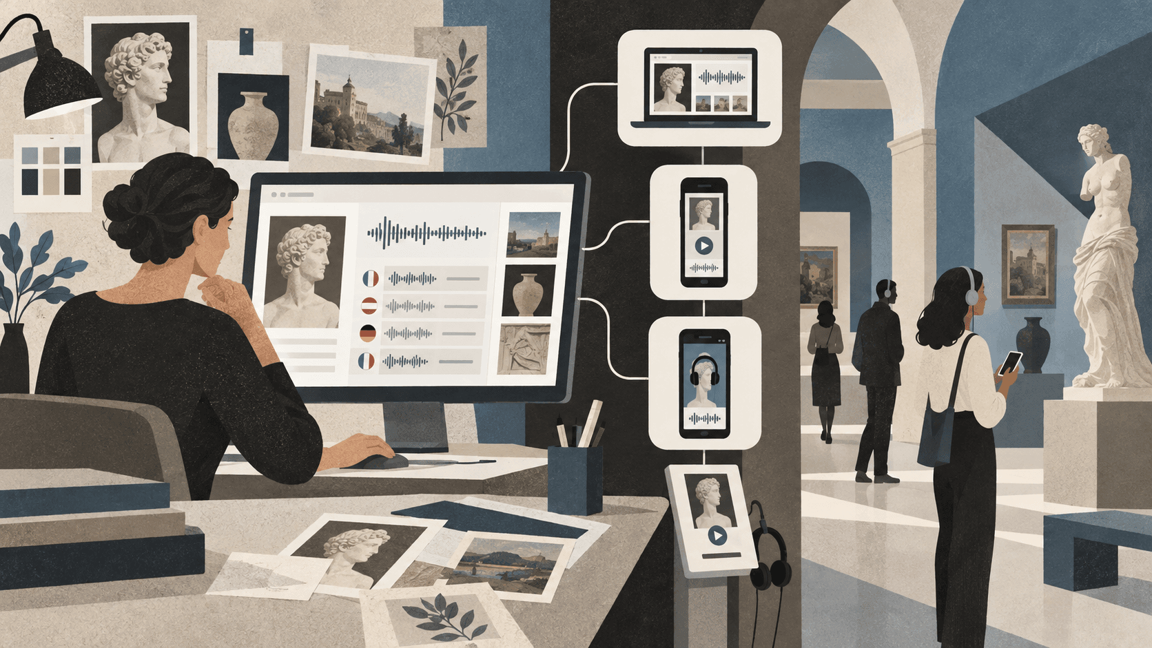 Curator managing museum content across an audioguide platform and several visitor devices