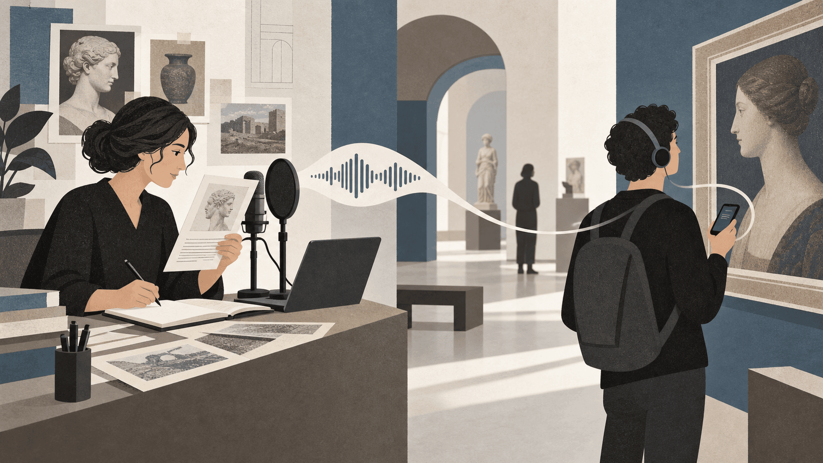Curator recording an audio guide that connects to a visitor listening in a museum gallery