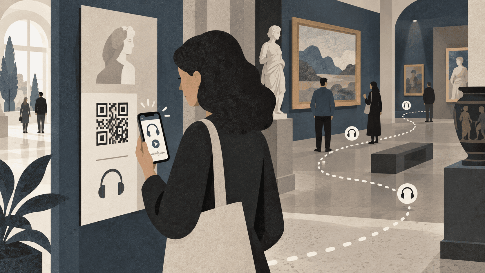 Museum visitor scanning a QR code to begin an audio guide journey through a gallery