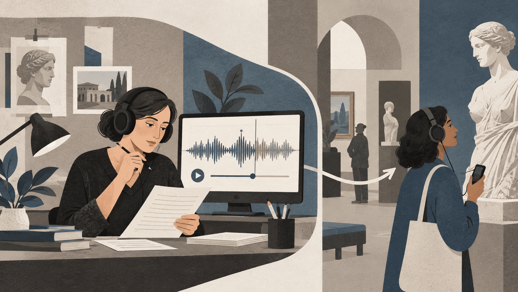 Curator reviewing generated speech before a visitor listens to the finished museum audio guide