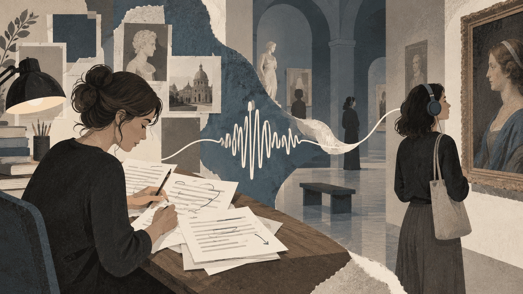 Writer editing an audio-guide script that becomes a listening experience inside a museum gallery